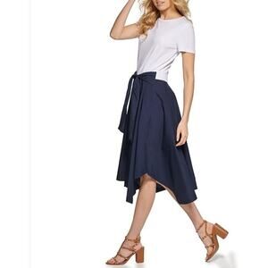 DKNY Women's Mixed-Media Tie-Front Short Sleeve Knit Shirt Dress Size XS